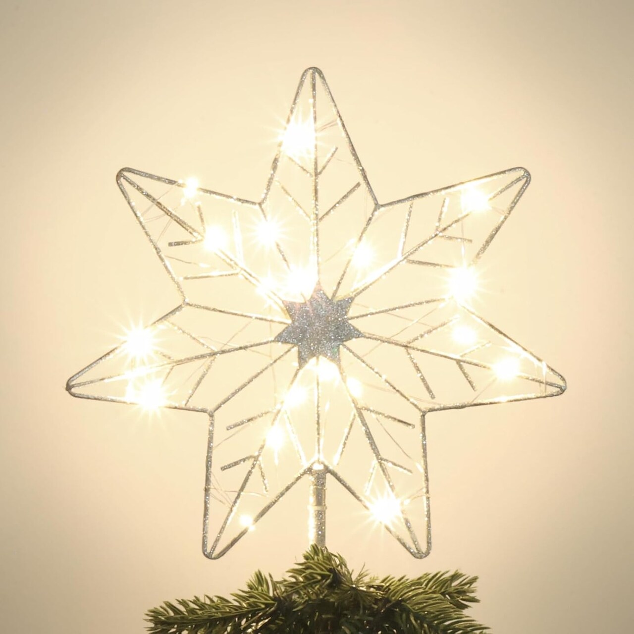 Christmas Tree Topper, Silver Glittered Hollow 7-Point Star Tree Topper, Lighted Wire Star with 20 LED Lights